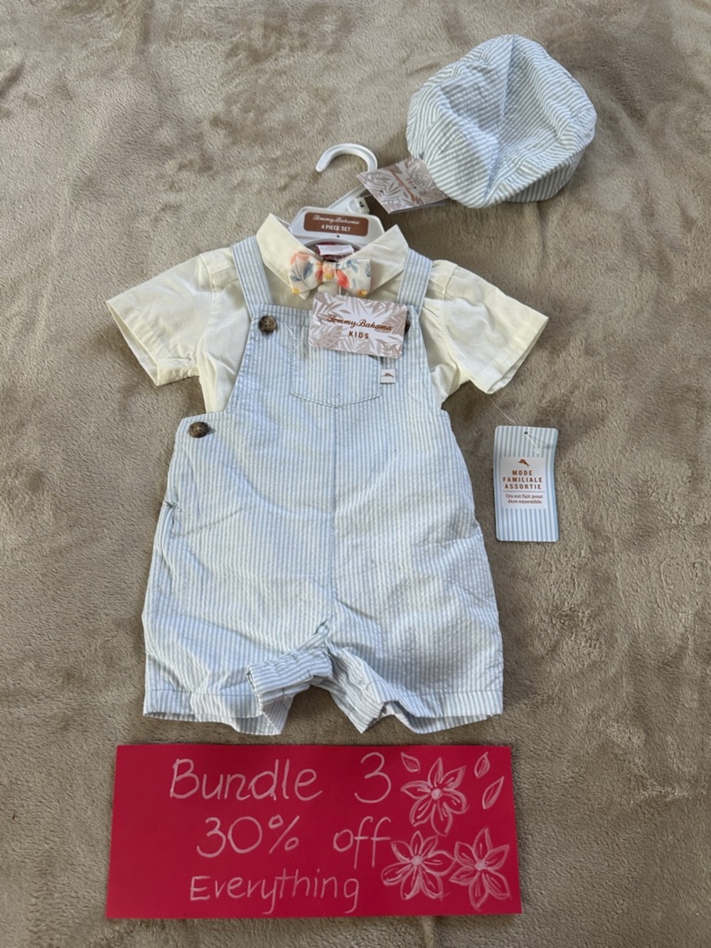 Tommy Bahama Light Blue & Cream Seersucker Overalls Set with Hat